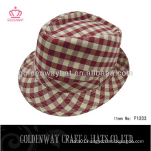 Cotton wine red and beige checked fedora hat